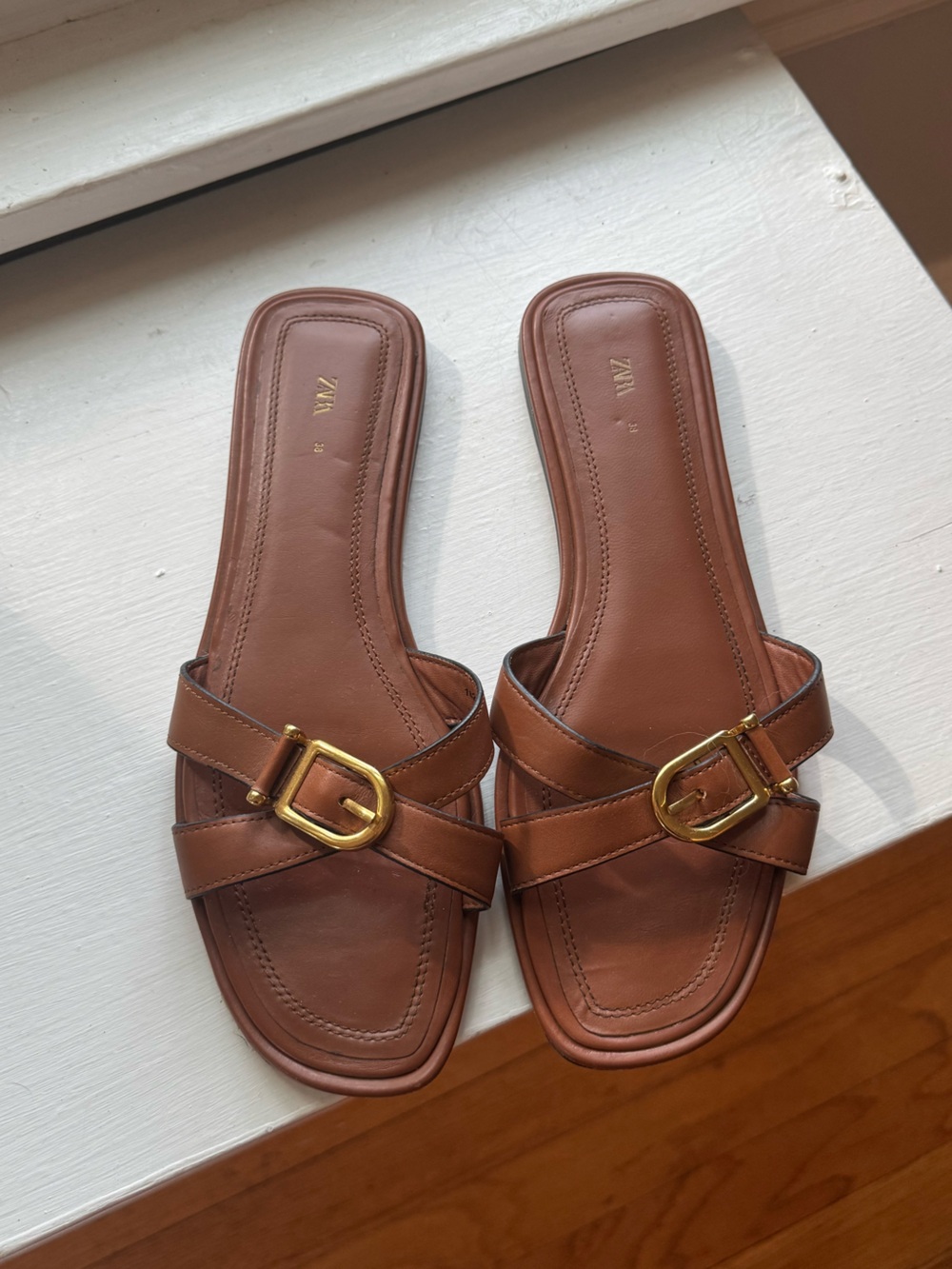 ZARA Brown Leather-Look Slide Sandals - Picture 2 of 3